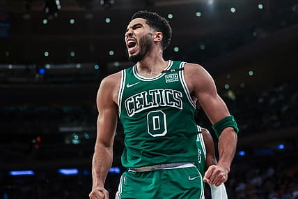 Jan 6, 2022; New York, New York, USA; Boston Celtics forward Jayson Tatum (0) reacts after making a basket against the New York Knicks during the second half at Madison Square Garden. Mandatory Credit: Vincent Carchietta-USA TODAY Sports