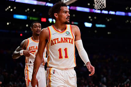 Jan 7, 2022; Los Angeles, California, USA; Atlanta Hawks guard Trae Young (11) reacts during the first half at Crypto.com Arena. Mandatory Credit: Gary A. Vasquez-USA TODAY Sports