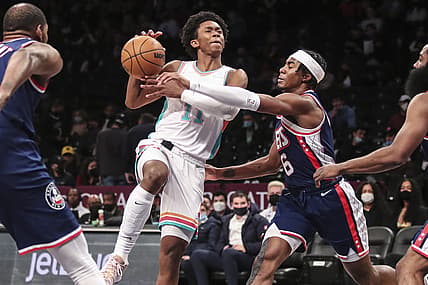 Jan 9, 2022; Brooklyn, New York, USA;  Brooklyn Nets guard David Duke Jr. (6) knocks the ball away from San Antonio Spurs guard Joshua Primo (11) in the first quarter at Barclays Center. Mandatory Credit: Wendell Cruz-USA TODAY Sports
