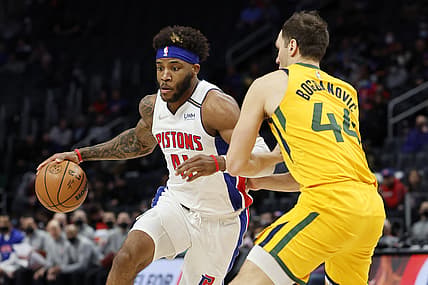 Jan 10, 2022; Detroit, Michigan, USA; Detroit Pistons forward Saddiq Bey (41) dribbles defended by Utah Jazz forward Bojan Bogdanovic (44) in the first half at Little Caesars Arena. Mandatory Credit: Rick Osentoski-USA TODAY Sports
