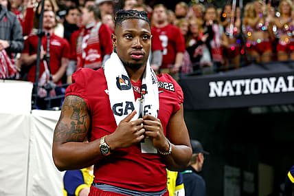 Jan 10, 2022; Indianapolis, IN, USA; Alabama Crimson Tide wide receiver Jameson Williams (1) on the sidelines during the second half after the game in the 2022 CFP college football national championship game at Lucas Oil Stadium. Mandatory Credit: Mark J. Rebilas-USA TODAY Sports