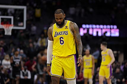Jan 12, 2022; Sacramento, California, USA; Los Angeles Lakers forward LeBron James (6) walks off the court during the fourth quarter against the Sacramento Kings at Golden 1 Center. Mandatory Credit: Sergio Estrada-USA TODAY Sports