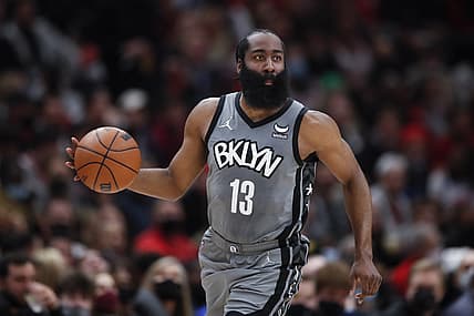 Jan 12, 2022; Chicago, Illinois, USA; Brooklyn Nets guard James Harden (13) dribbles the ball up court against the Chicago Bulls during the second half at United Center. Mandatory Credit: Kamil Krzaczynski-USA TODAY Sports