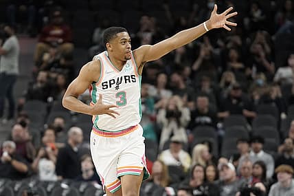Jan 14, 2022; San Antonio, Texas, USA; San Antonio Spurs guard Dejounte Murray (5) before the game against the Cleveland Cavaliers at AT&T Center. Mandatory Credit: Scott Wachter-USA TODAY Sports