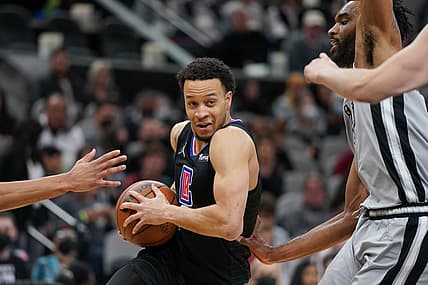 Jan 15, 2022; San Antonio, Texas, USA;  Los Angeles Clippers guard Amir Coffey (7) drives in against the San Antonio Spurs in the first half at the AT&T Center. Mandatory Credit: Daniel Dunn-USA TODAY Sports