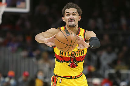 Jan 15, 2022; Atlanta, Georgia, USA; Atlanta Hawks guard Trae Young (11) passes the ball against the New York Knicks in the second half at State Farm Arena. Mandatory Credit: Brett Davis-USA TODAY Sports