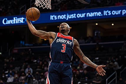 Jan 17, 2022; Washington, District of Columbia, USA;  Washington Wizards guard Bradley Beal (3) grabs a rebound against the Philadelphia 76ers during the first half at Capital One Arena. Mandatory Credit: Scott Taetsch-USA TODAY Sports