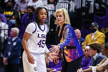 Jan 6, 2022; Baton Rouge, Louisiana, USA;  LSU Lady Tigers head coach Kim Mulkey talks to guard Alexis Morris (45) during a time out against the South Carolina Gamecocks during the first half  at the Pete Maravich Assembly Center. Mandatory Credit: Stephen Lew-USA TODAY Sports