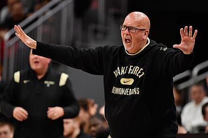 Dec 29, 2021; Louisville, Kentucky, USA;  Wake Forest Demon Deacons head coach Steve Forbes reacts during the second half against the Louisville Cardinals at KFC Yum! Center. Louisville defeated Wake Forest 73-69. Mandatory Credit: Jamie Rhodes-USA TODAY Sports