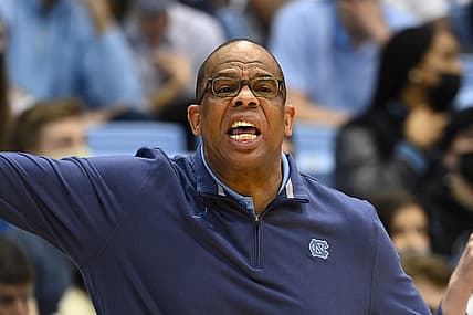 Jan 26, 2022; Chapel Hill, North Carolina, USA;  North Carolina Tar Heels head coach Hubert Davis reacts in the second half at Dean E. Smith Center. Mandatory Credit: Bob Donnan-USA TODAY Sports