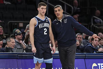 Feb 8, 2022; New York, New York, USA;  Villanova Wildcats head coach Jay Wright talks with guard Collin Gillespie (2) in the second half against the St. John's Red Storm at Madison Square Garden. Mandatory Credit: Wendell Cruz-USA TODAY Sports