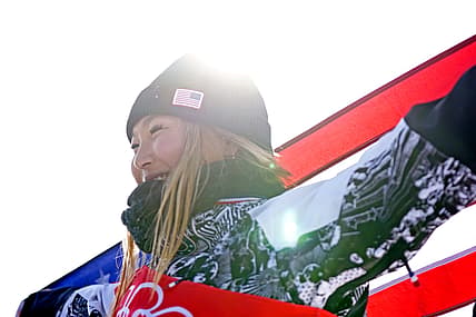 Feb 10, 2022; Zhangjiakou, China; Chloe Kim (USA) celebrates winning the gold medal in the Women   s Snowboarding Halfpipe Final during the Beijing 2022 Olympic Winter Games at Genting Snow Park. Mandatory Credit: Danielle Parhizkaran-USA TODAY Sports