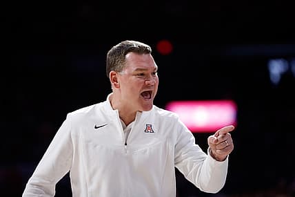 Feb 3, 2022; Tucson, Arizona, USA; Arizona Wildcats head coach Tommy Lloyd gestures during the first half against the UCLA Bruins at McKale Center. The Wildcats beat the Bruins 76-66. Mandatory Credit: Chris Coduto-USA TODAY Sports