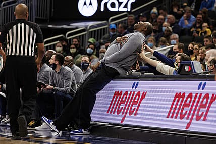 Feb 16, 2022; Milwaukee, Wisconsin, USA;  Georgetown Hoyas head coach Patrick Ewing reacts to a play during the first half against the Marquette Golden Eagles at Fiserv Forum. Mandatory Credit: Jeff Hanisch-USA TODAY Sports