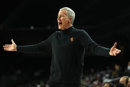 Feb 17, 2022; Los Angeles, California, USA; Southern California Trojans head coach Andy Enfield reacts against the Washington Huskies in the second half at Galen Center. Mandatory Credit: Kirby Lee-USA TODAY Sports
