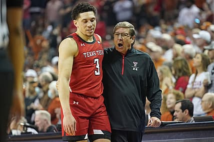 Feb 19, 2022; Austin, Texas, USA; Texas Tech Red Raiders head coach Mark Adams talks with guard Clarence Nadolny (3) during the first half against the Texas Longhorns at Frank C. Erwin Jr. Center. Mandatory Credit: Scott Wachter-USA TODAY Sports