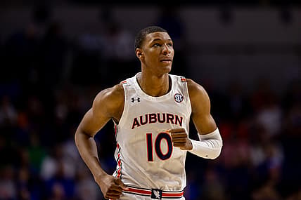 Feb 19, 2022; Gainesville, Florida, USA; Auburn Tigers forward Jabari Smith (10) runs up the court during the first half against the Florida Gators at Billy Donovan Court at Exactech Arena. Mandatory Credit: Matt Pendleton-USA TODAY Sports