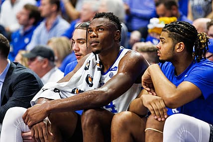 Feb 19, 2022; Lexington, Kentucky, USA; Kentucky Wildcats forward Oscar Tshiebwe (34) looks on from the bench during the second half against the Alabama Crimson Tide at Rupp Arena at Central Bank Center. Mandatory Credit: Jordan Prather-USA TODAY Sports