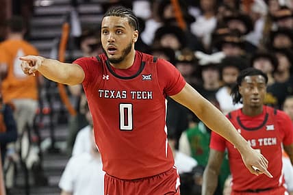 Feb 19, 2022; Austin, Texas, USA; Texas Texas Tech Red Raiders forward Kevin Obanor (0) points to teammates during the second half against the Texas Longhorns at Frank C. Erwin Jr. Center. Mandatory Credit: Scott Wachter-USA TODAY Sports