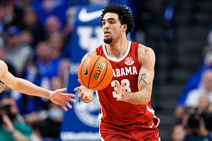 Feb 19, 2022; Lexington, Kentucky, USA; Alabama Crimson Tide forward James Rojas (33) passes the ball during the second half against the Kentucky Wildcats at Rupp Arena at Central Bank Center. Mandatory Credit: Jordan Prather-USA TODAY Sports