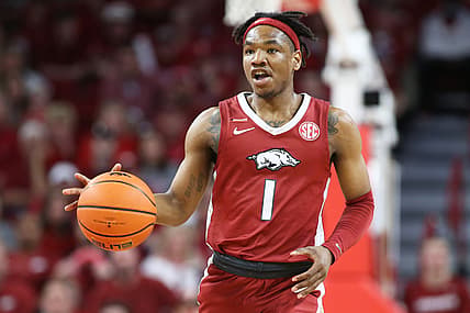 Feb 19, 2022; Fayetteville, Arkansas, USA; Arkansas Razorbacks guard JD Notae (1) brings the ball upcourt against the Tennessee Volunteers during the second half at Bud Walton Arena. Arkansas won 58-48. Mandatory Credit: Nelson Chenault-USA TODAY Sports