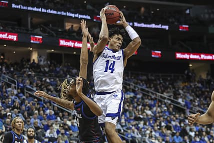 Feb 19, 2022; Newark, New Jersey, USA;  Seton Hall Pirates guard Jared Rhoden (14) controls the ball against the DePaul Blue Demons in the second half at Prudential Center. Mandatory Credit: Wendell Cruz-USA TODAY Sports