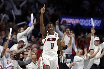 Feb 19, 2022; Tucson, Arizona, USA; Arizona Wildcats guard Bennedict Mathurin (0) reacts after hitting a three point basket against the Oregon Ducks during the first half at McKale Center. Mandatory Credit: Chris Coduto-USA TODAY Sports