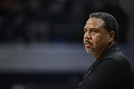 Feb 20, 2022; Indianapolis, Indiana, USA; Providence Friars head coach Ed Cooley watches the game during the first half against the Butler Bulldogs at Hinkle Fieldhouse. Mandatory Credit: Marc Lebryk-USA TODAY Sports