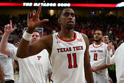 Feb 22, 2022; Lubbock, Texas, USA;  Texas Tech Red Raiders forward Bryson Williams (11) after the game against the Oklahoma Sooners at United Supermarkets Arena. Mandatory Credit: Michael C. Johnson-USA TODAY Sports