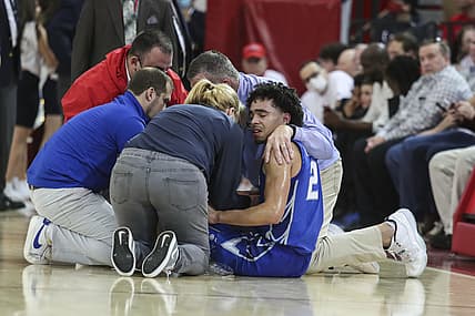 Feb 23, 2022; Queens, New York, USA;  Creighton Bluejays guard Ryan Nembhard (2) reacts after getting injured in the second half against the St. John's Red Storm at Carnesecca Arena. Mandatory Credit: Wendell Cruz-USA TODAY Sports