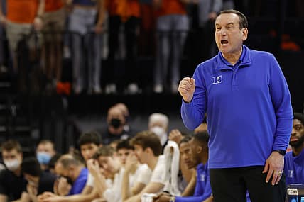 Feb 23, 2022; Charlottesville, Virginia, USA; Duke Blue Devils head coach Mike Krzyzewski yells to his team from the bench against the Virginia Cavaliers in the first half at John Paul Jones Arena. Mandatory Credit: Geoff Burke-USA TODAY Sports