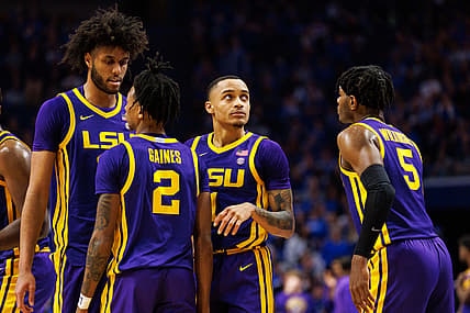 Feb 23, 2022; Lexington, Kentucky, USA; LSU Tigers guard Xavier Pinson (1) looks on from the huddle during the second half against the Kentucky Wildcats at Rupp Arena at Central Bank Center. Mandatory Credit: Jordan Prather-USA TODAY Sports