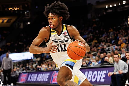 Feb 16, 2022; Milwaukee, Wisconsin, USA;  Marquette Golden Eagles forward Justin Lewis (10) during the game against the Georgetown Hoyas at Fiserv Forum. Mandatory Credit: Jeff Hanisch-USA TODAY Sports