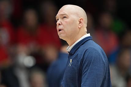 Feb 19, 2022; Moraga, California, USA; Saint Mary's Gaels head coach Randy Bennett during the first half against the Brigham Young Cougars at University Credit Union Pavilion. Mandatory Credit: Darren Yamashita-USA TODAY Sports