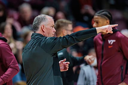 Feb 19, 2022; Blacksburg, Virginia, USA; Virginia Tech Hokies head coach Mike Young points prior to a game against the North Carolina Tar Heels at Cassell Coliseum. Mandatory Credit: Ryan Hunt-USA TODAY Sports