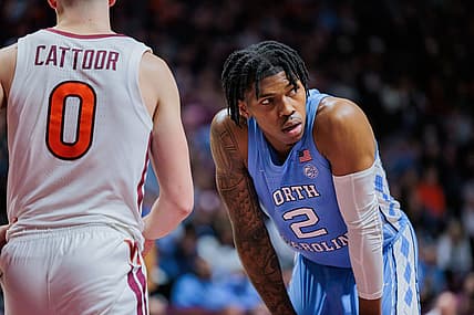 Feb 19, 2022; Blacksburg, Virginia, USA; North Carolina Tar Heels guard Caleb Love (2) looks on during a game against the Virginia Tech Hokies during the first half at Cassell Coliseum. Mandatory Credit: Ryan Hunt-USA TODAY Sports