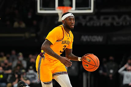 Feb 24, 2022; Boulder, Colorado, USA; Arizona State Sun Devils guard Marreon Jackson (3) during the second half against the Colorado Buffaloes at the CU Events Center. Mandatory Credit: Ron Chenoy-USA TODAY Sports