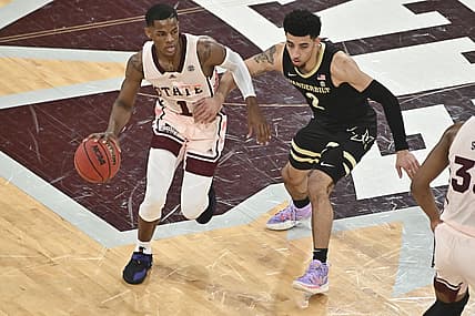 Feb 26, 2022; Starkville, Mississippi, USA; Mississippi State Bulldogs guard Iverson Molinar (1) handles the ball while defended by Vanderbilt Commodores guard Scotty Pippen Jr. (2) during the first half at Humphrey Coliseum. Mandatory Credit: Matt Bush-USA TODAY Sports