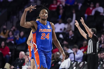 Feb 26, 2022; Athens, Georgia, USA; Florida Gators guard Phlandrous Fleming Jr. (24) reacts after making a 3-point shot against the Georgia Bulldogs during the second half at Stegeman Coliseum. Mandatory Credit: Dale Zanine-USA TODAY Sports