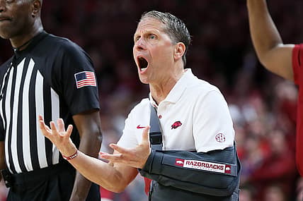 Feb 26, 2022; Fayetteville, Arkansas, USA; Arkansas Razorbacks head coach Eric Musselman reacts to a call int he first half against the Kentucky Wildcats at Bud Walton Arena. Mandatory Credit: Nelson Chenault-USA TODAY Sports