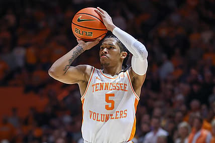 Feb 26, 2022; Knoxville, Tennessee, USA; Tennessee Volunteers guard Zakai Zeigler (5) shoots the ball against the Auburn Tigers during the second half at Thompson-Boling Arena. Mandatory Credit: Randy Sartin-USA TODAY Sports