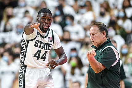 Michigan State's Gabe Brown, left, talks with head coach Tom Izzo during the first half in the game against Ferris State on Wednesday, Oct. 27, 2021, at the Breslin Center in East Lansing.

211027 Msu Ferris 020a