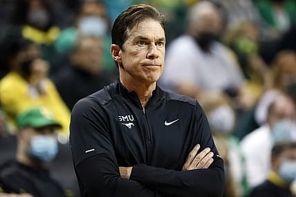 Nov 12, 2021; Eugene, Oregon, USA;  SMU Mustangs head coach Tim Jankovich watches from the sideline during the first half against the Oregon Ducks at Matthew Knight Arena. Mandatory Credit: Soobum Im-USA TODAY Sports