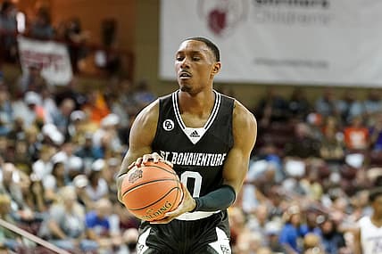 Nov 18, 2021; Charleston, South Carolina, USA; St. Bonaventure Bonnies guard Kyle Lofton (0) shoots the second of two technical foul shots against the Boise State Broncos at TD Arena. Mandatory Credit: David Yeazell-USA TODAY Sports