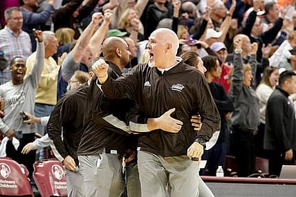 Nov 19, 2021; Charleston, South Carolina, USA; St. Bonaventure Bonnies head coach Mark Schmidt reacts to their victory over the Clemson Tigers at TD Arena. Mandatory Credit: David Yeazell-USA TODAY Sports