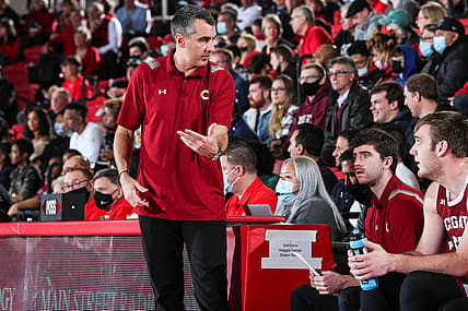 Dec 12, 2021; Queens, New York, USA;  Colgate Raiders head coach Matt Langel at Carnesecca Arena. Mandatory Credit: Wendell Cruz-USA TODAY Sports