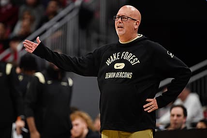 Dec 29, 2021; Louisville, Kentucky, USA;  Wake Forest Demon Deacons head coach Steve Forbes reacts during the second half against the Louisville Cardinals at KFC Yum! Center. Louisville defeated Wake Forest 73-69. Mandatory Credit: Jamie Rhodes-USA TODAY Sports