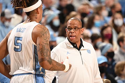 Jan 26, 2022; Chapel Hill, North Carolina, USA;  North Carolina Tar Heels coach Hubert Davis with forward Armando Bacot (5) in the first half at Dean E. Smith Center. Mandatory Credit: Bob Donnan-USA TODAY Sports