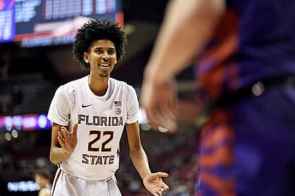 Feb 15, 2022; Tallahassee, Florida, USA; Florida State Seminoles forward John Butler (22) intimidates an opponent during the first half against the Clemson Tigers at Donald L. Tucker Center. Mandatory Credit: Melina Myers-USA TODAY Sports