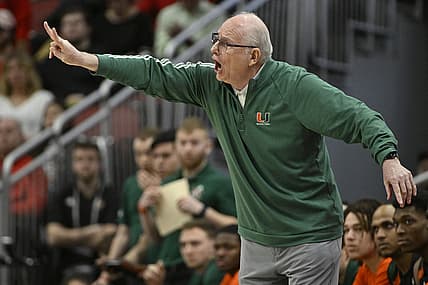 Feb 16, 2022; Louisville, Kentucky, USA; Miami (FL) Hurricanes head coach Jim Larranaga gestures during the second half against the Louisville Cardinals at KFC Yum! Center. Mandatory Credit: Jamie Rhodes-USA TODAY Sports